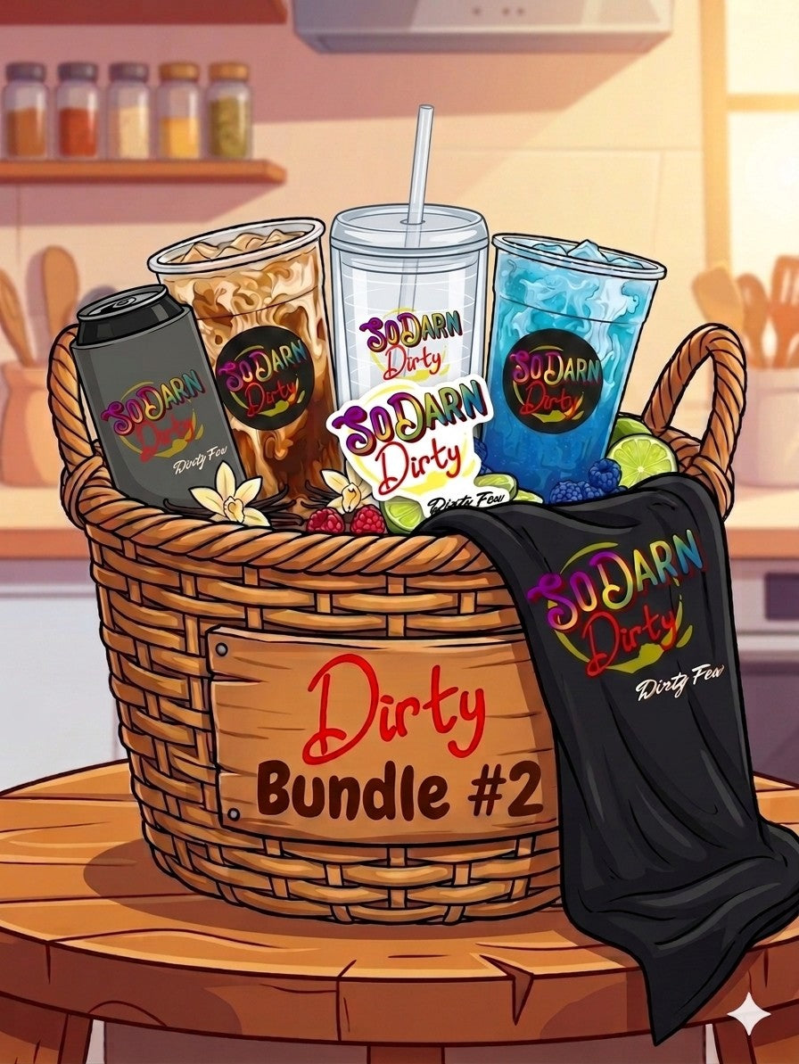 Big Dirty Bundle with the following Dirty Few items: Beach Party, Trick Shot, 2 Clear Tumblers, a T-Shirt, 2 Koozies, and a Sticker