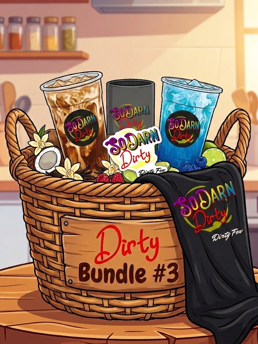 Minimum Dirty Bundle with the following Dirty Few items: Beach Party, Trick Shot, a T-Shirt, 2 Koozies, and a Sticker