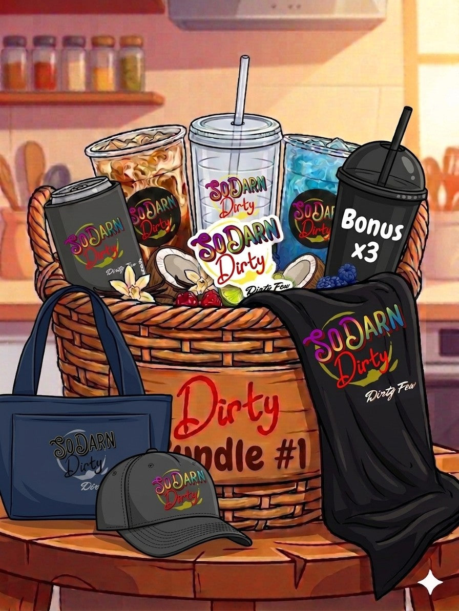 Ultimate Bundle with the following Dirty Few items: Beach Party, Trick Shot, 3 Bonus 12-Packs, 2 Clear Tumblers, a T-Shirt, 2 Koozies, Insulated Tote Bag, Hat, and a Sticker